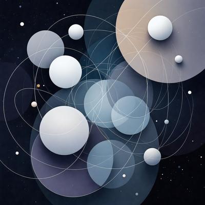 The primary subject of the image is a collection of white and grey spheres floating in a dark, star-filled space. The setting is a vast, star-filled sky, and the visual style is a combination of digital art and illustration. The colors and mood of the image are predominantly dark and moody, with the white and grey spheres contrasting against the black background.